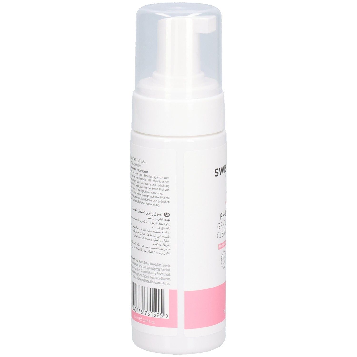 Weiße Flasche mit Pumpverschluss. Rückseite mit Text. Marke SWISSFORCE. Text: pH-ausgeglichener sanfter Intim-Reinigungsschaum. Hergestellt in der Schweiz.