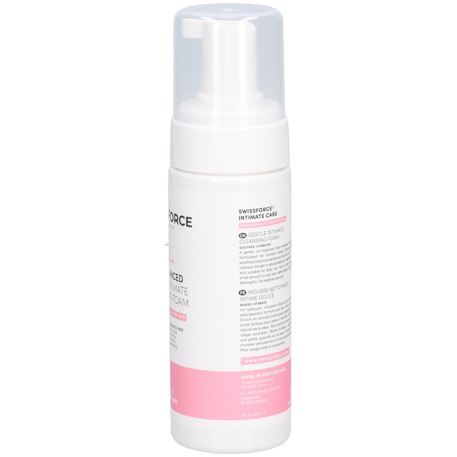 Weiße Flasche mit Pumpverschluss. Rückseite mit Text. Marke SWISSFORCE. Text: pH-ausgeglichener sanfter Intim-Reinigungsschaum. Hergestellt in der Schweiz.