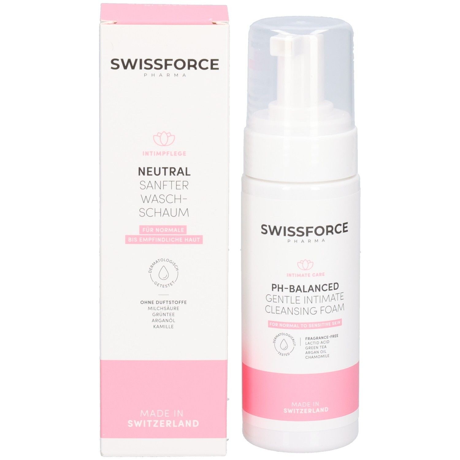 Produktflasche und Verpackung. Marke SWISSFORCE. Text: Neutral Sanfter Waschschaum und pH-ausgeglichener sanfter Intim-Reinigungsschaum. Hergestellt in der Schweiz.
