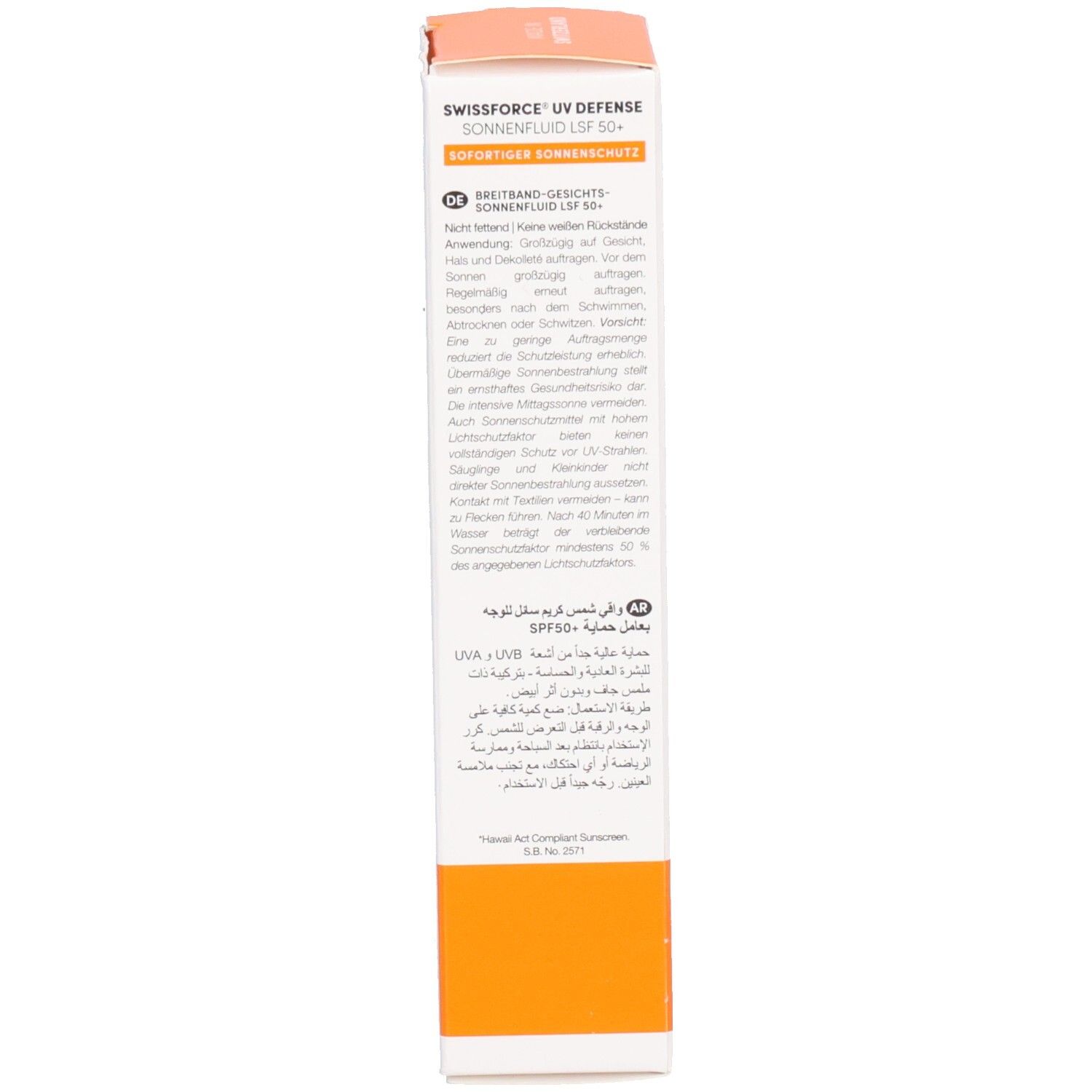 Verpackung. Text: Breitband-Gesichts-Sonnenfluid LSF 50+. Anwendungshinweise in Deutsch, Englisch und Arabisch. Made in Switzerland.