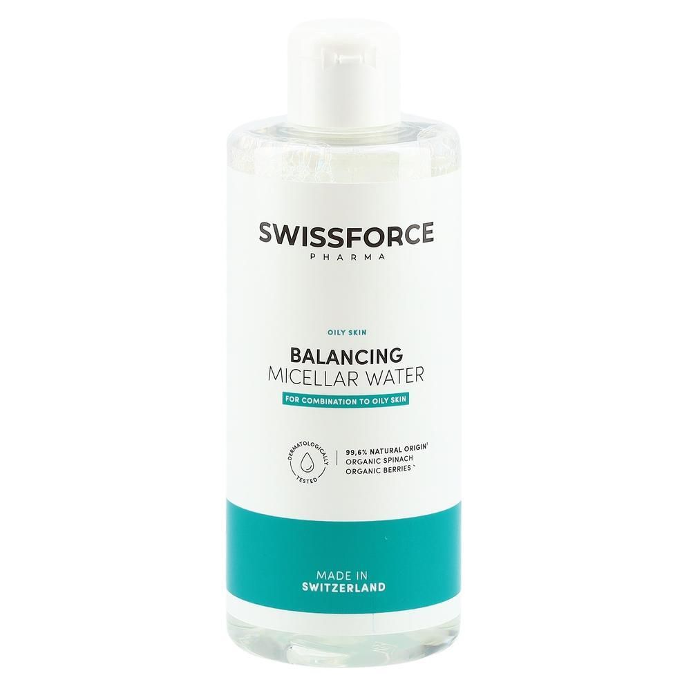Klare Flasche mit weißem Deckel. Aufschrift: SWISSFORCE, Balancing Micellar Water. Türkisfarbener Streifen mit Text. Hergestellt in der Schweiz.