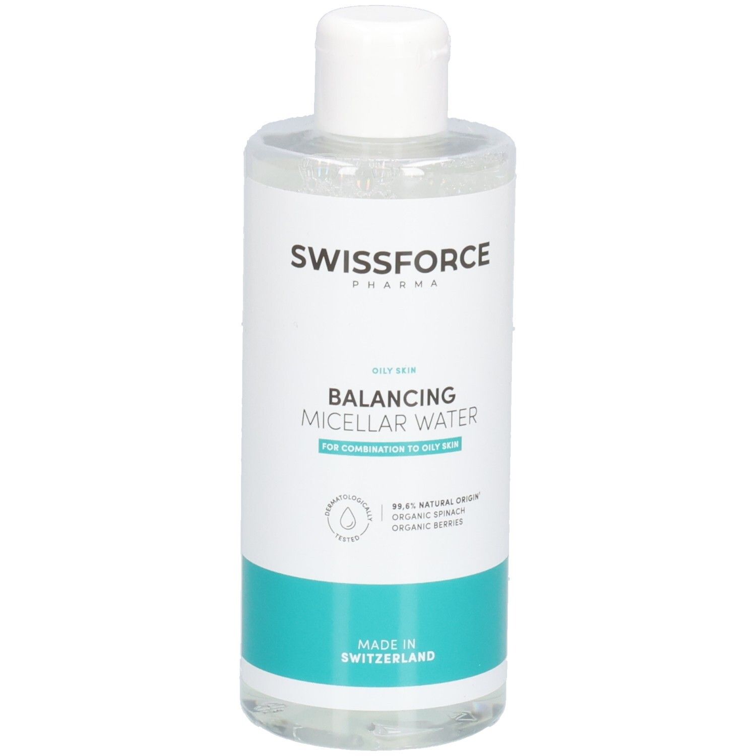 Klare Flasche mit weißem Deckel. Aufschrift: SWISSFORCE, Balancing Micellar Water. Türkisfarbener Streifen mit Text. Hergestellt in der Schweiz.