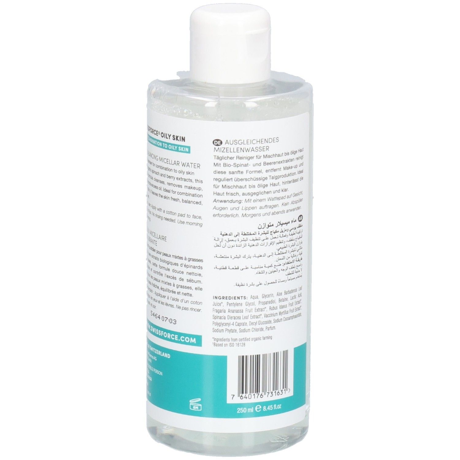 Rückseite der Flasche. Text in mehreren Sprachen. Barcode und Informationen. Türkisfarbener Streifen. Hergestellt in der Schweiz.