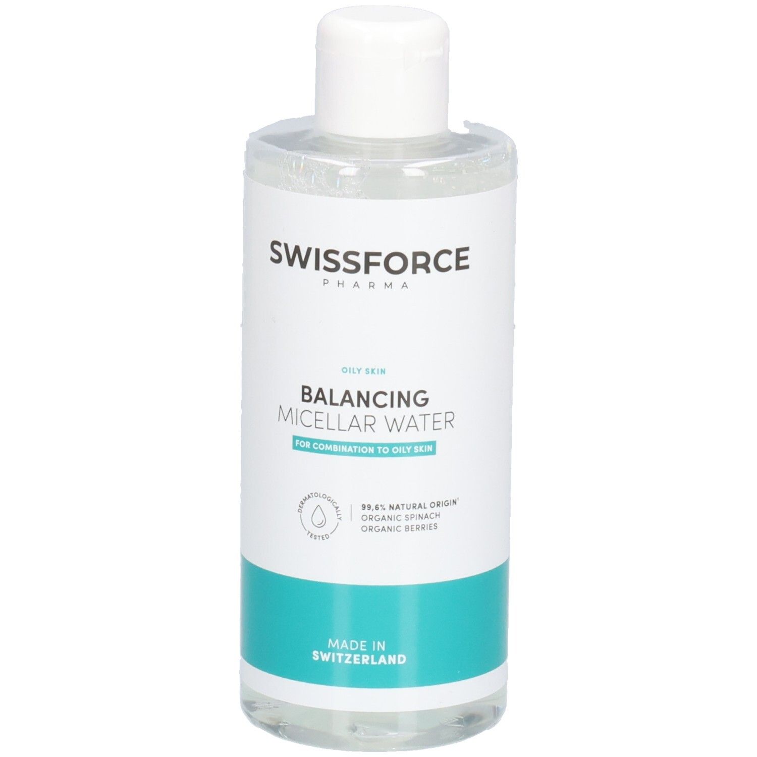 Klare Flasche mit weißem Deckel. Aufschrift: SWISSFORCE, Balancing Micellar Water. Türkisfarbener Streifen mit Text. Hergestellt in der Schweiz.