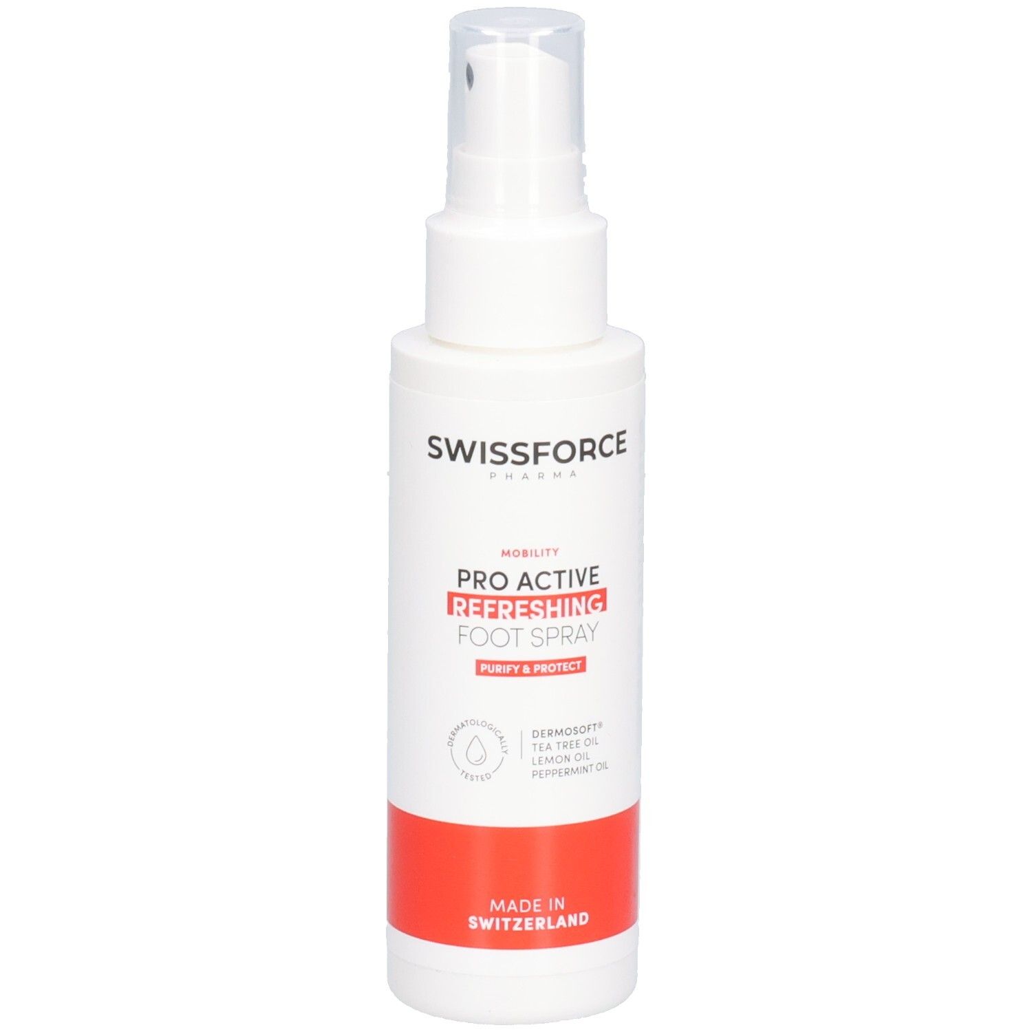 Weißes Spray mit rotem Streifen. Aufschrift: SWISSFORCE, PRO ACTIVE REFRESHING FOOT SPRAY. Mit Zerstäuber.