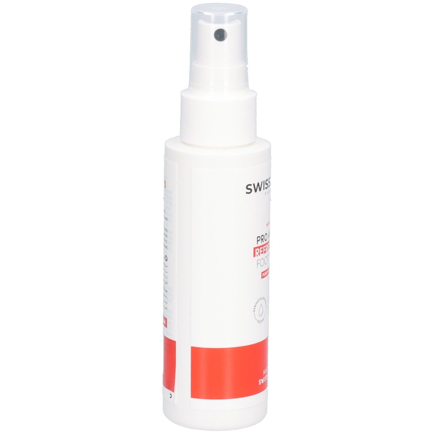 Weißes Spray mit rotem Streifen. Aufschrift: SWISSFORCE, PRO ACTIVE REFRESHING FOOT SPRAY. Mit Zerstäuber.