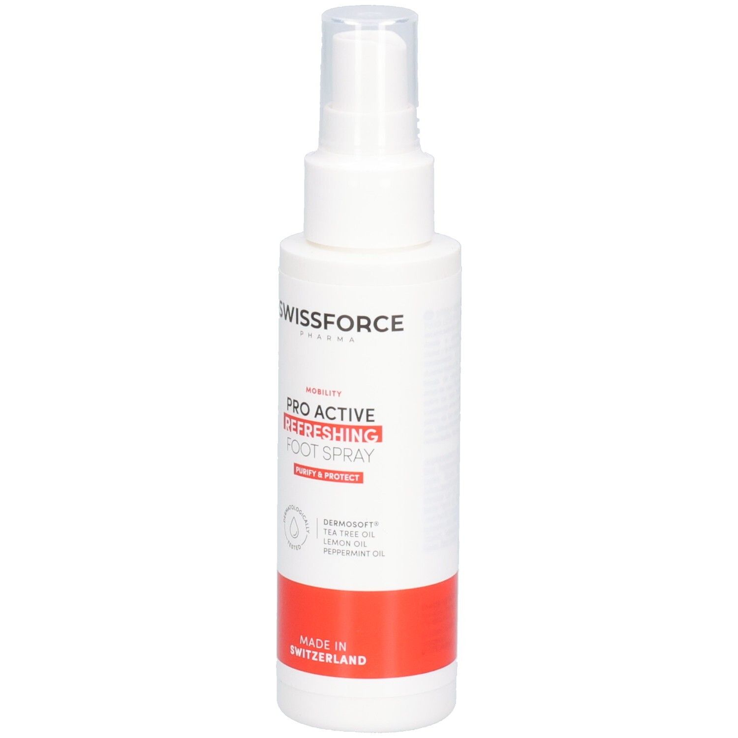 Weißes Spray mit rotem Streifen. Aufschrift: SWISSFORCE, PRO ACTIVE REFRESHING FOOT SPRAY. Mit Zerstäuber.