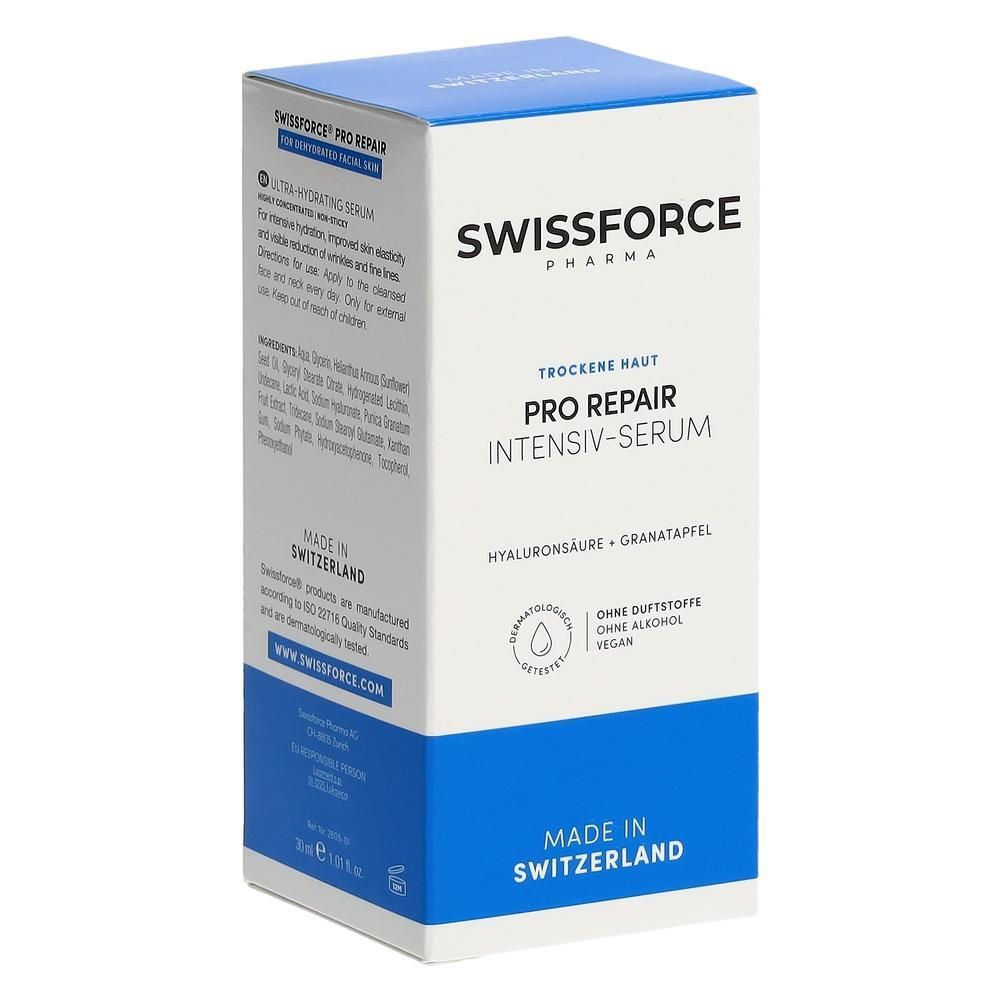 Boîte blanche et bleue de SWISSFORCE Pro Repair Intensiv-Serum. Texte : Peau sèche, acide hyaluronique, grenade. Fabriqué en Suisse.