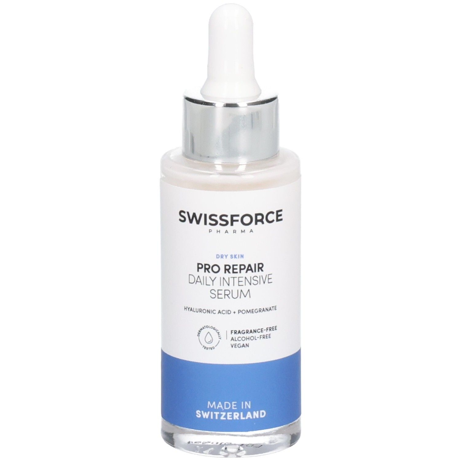 Flacon de SWISSFORCE Pro Repair Daily Intensive Serum avec pipette. Étiquette blanche avec bande bleue. Texte : Peau sèche, acide hyaluronique, grenade.