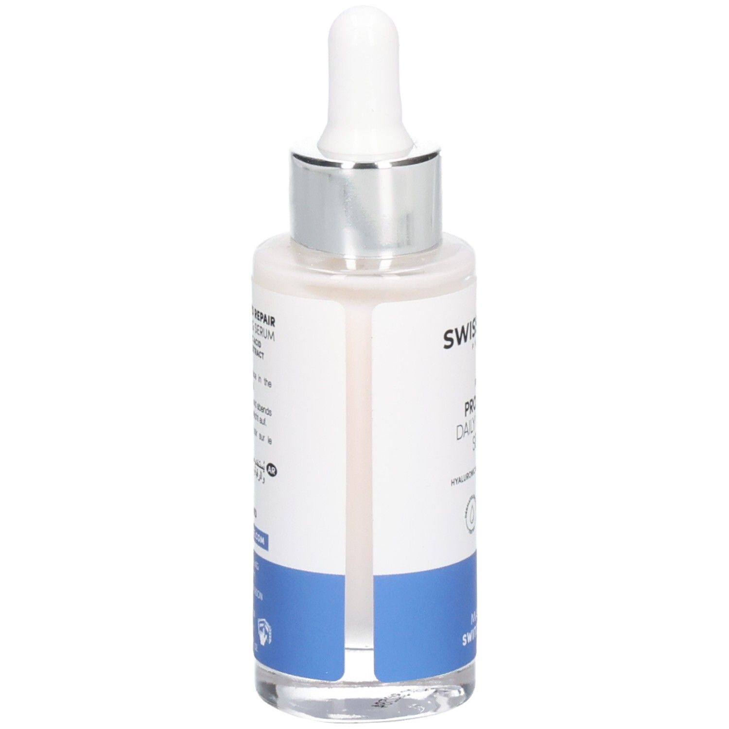 Vue arrière du flacon de sérum SWISSFORCE Pro Repair. Étiquette blanche avec texte et bande bleue. Fabriqué en Suisse.