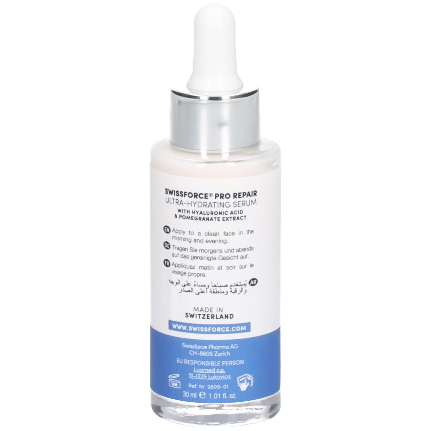 Vue arrière du flacon de sérum SWISSFORCE Pro Repair. Texte et instructions d'utilisation. Fabriqué en Suisse. Avec pipette.