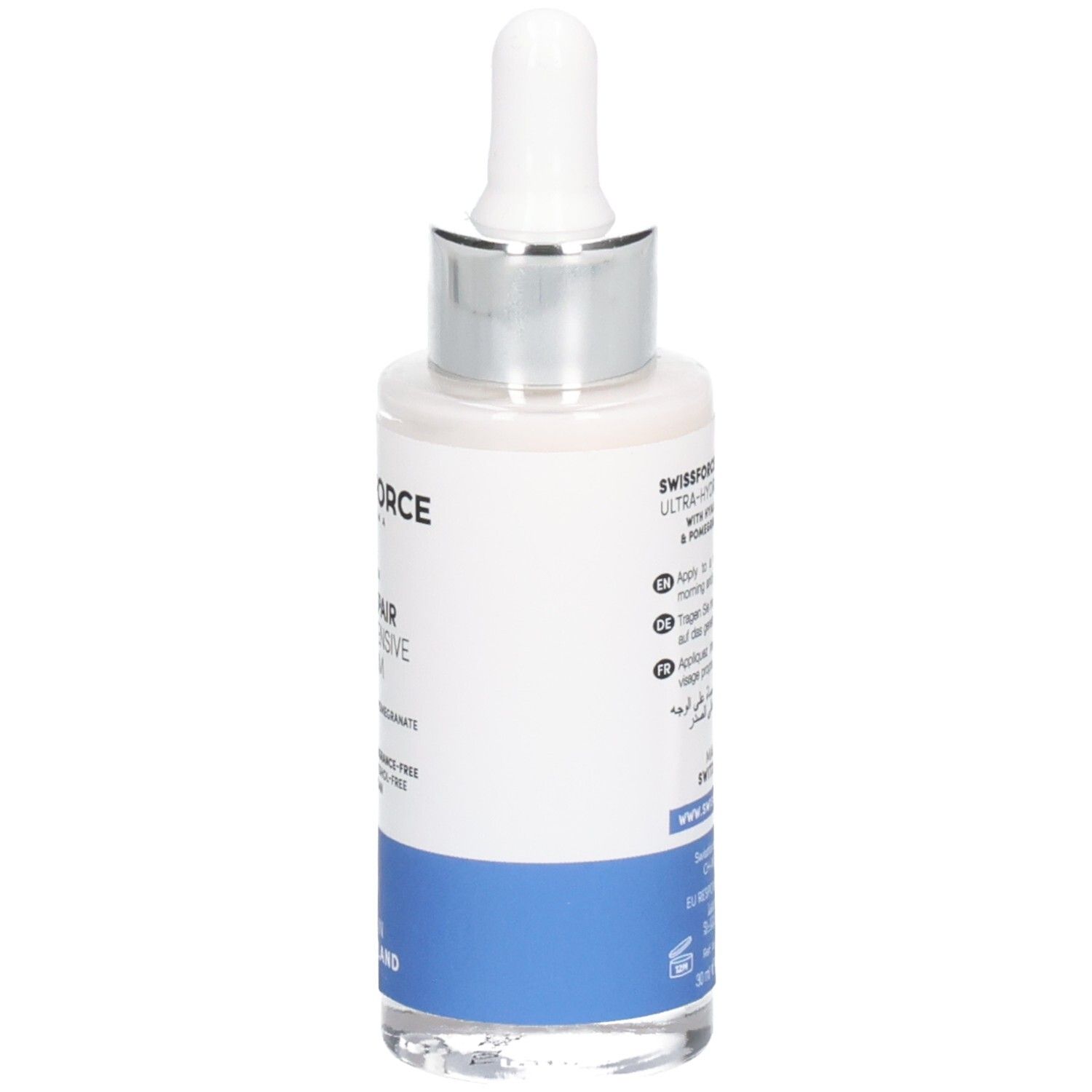 Vue arrière du flacon de sérum SWISSFORCE Pro Repair. Texte et instructions d'utilisation. Fabriqué en Suisse. Avec pipette.