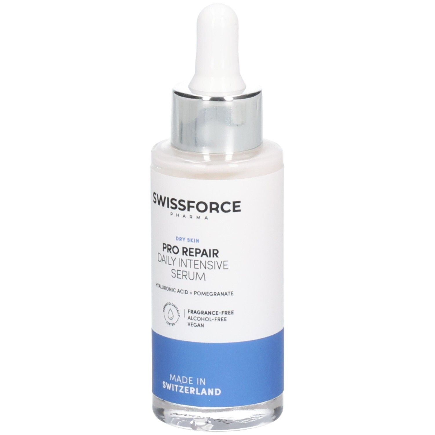 Flacon de SWISSFORCE Pro Repair Daily Intensive Serum avec pipette. Étiquette blanche avec bande bleue. Texte : Peau sèche, acide hyaluronique, grenade.