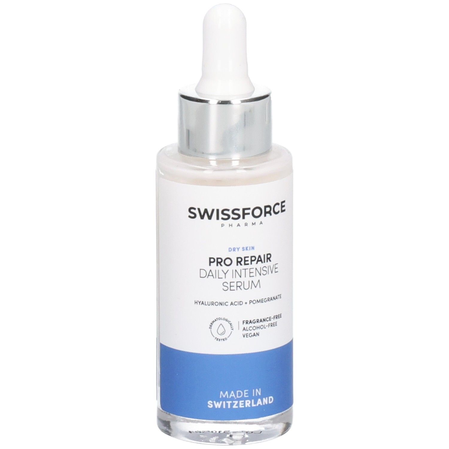 Flacon de SWISSFORCE Pro Repair Daily Intensive Serum avec pipette. Étiquette blanche avec bande bleue. Texte : Peau sèche, acide hyaluronique, grenade.
