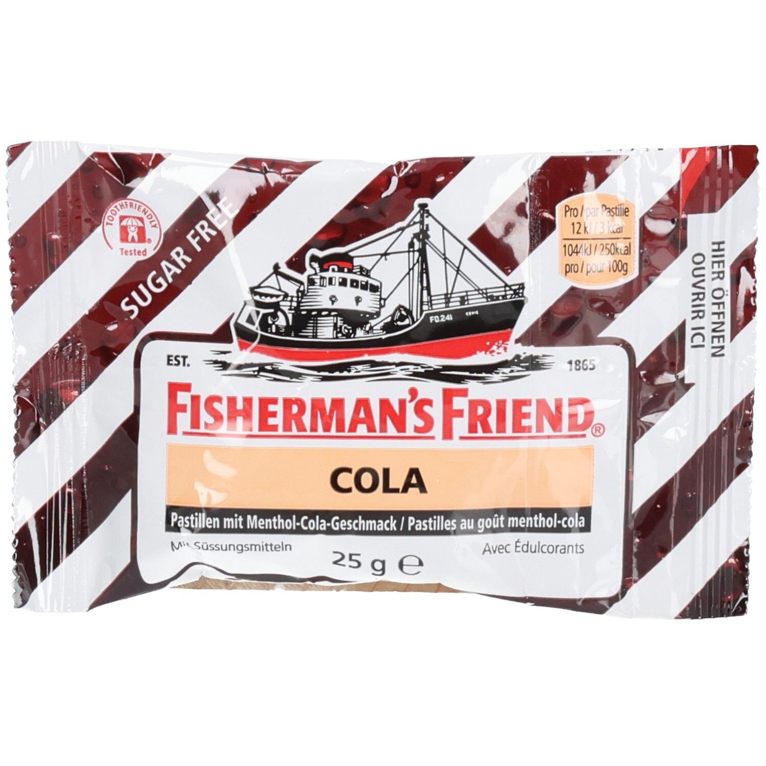 FISHERMAN'S FRIEND Cola Pastillen, zuckerfrei, in rot-weißer Streifenverpackung.