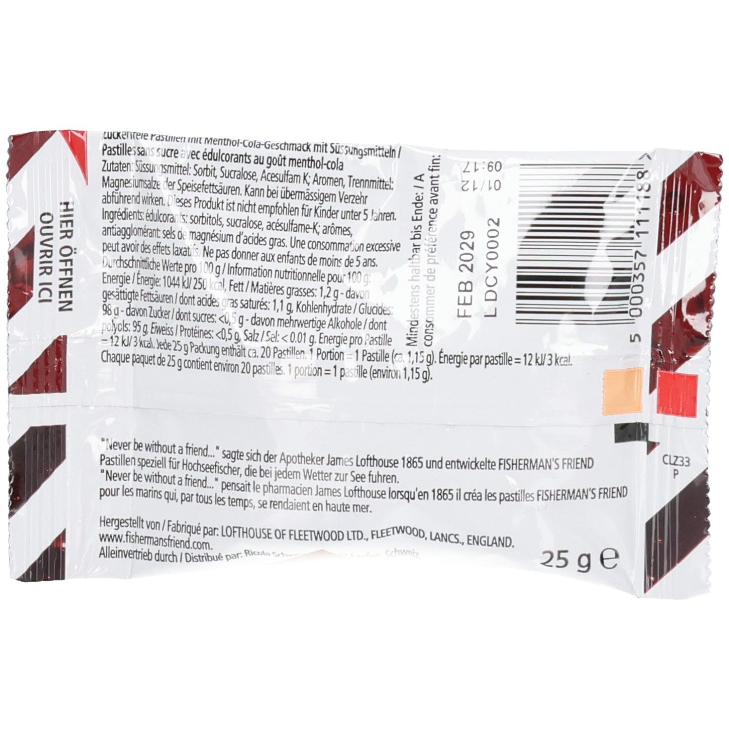 Rückseite der FISHERMAN'S FRIEND Cola Pastillen-Verpackung mit Nährwertangaben und Herstellerinformationen.