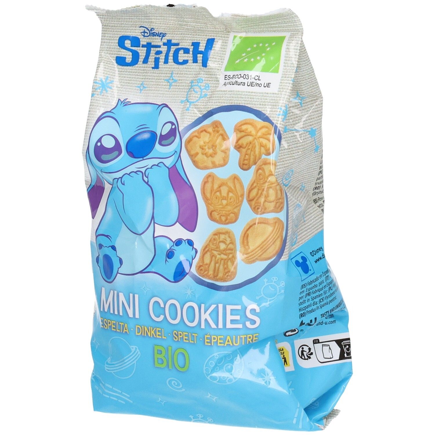 Verpackung mit Stitch-Motiv, Mini-Kekse, Dinkel, Bio-Siegel.