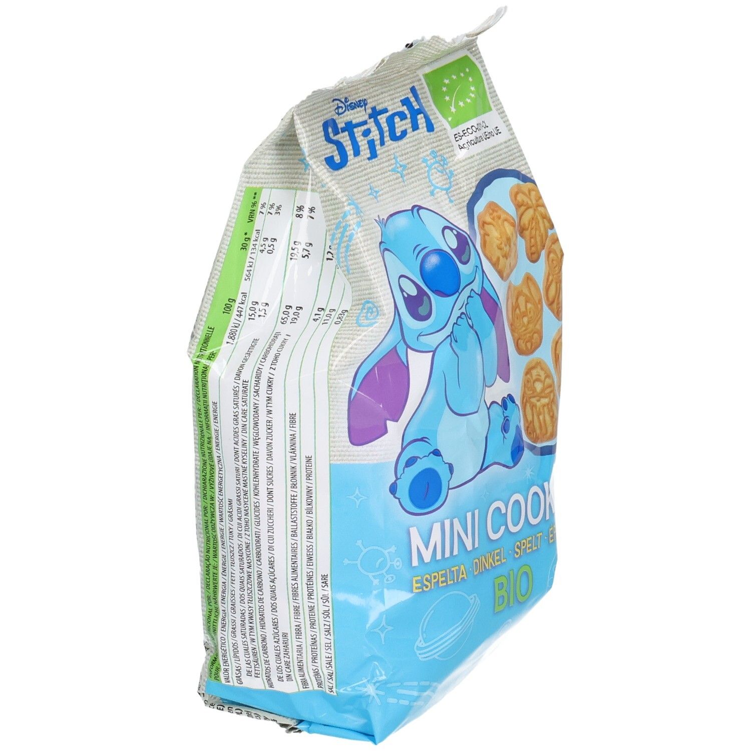 Seitenansicht der Verpackung mit Stitch, Mini-Kekse, Nährwertangaben.
