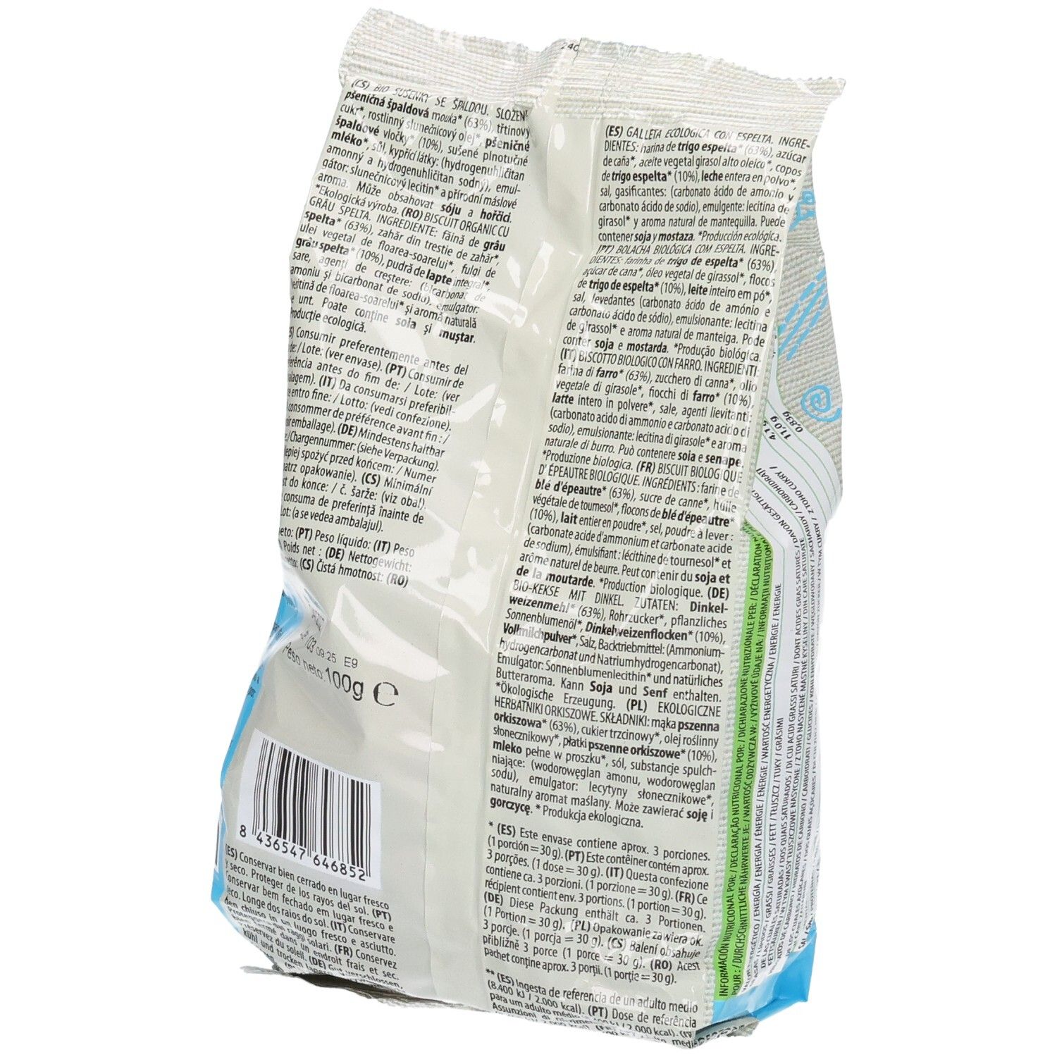 Rückseite der Verpackung mit Stitch, Mini-Kekse, Zutatenliste, Barcode.