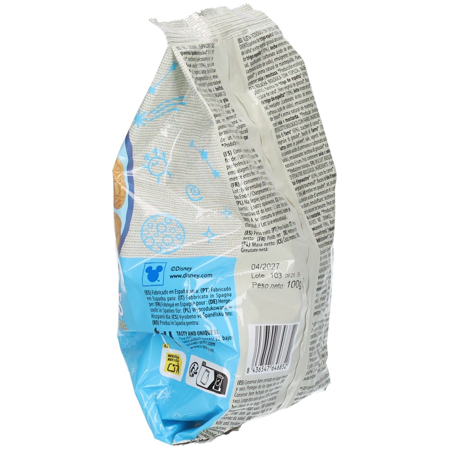 Verpackung mit Stitch, Mini-Kekse, Herstellungsdatum, Nettogewicht 100g.