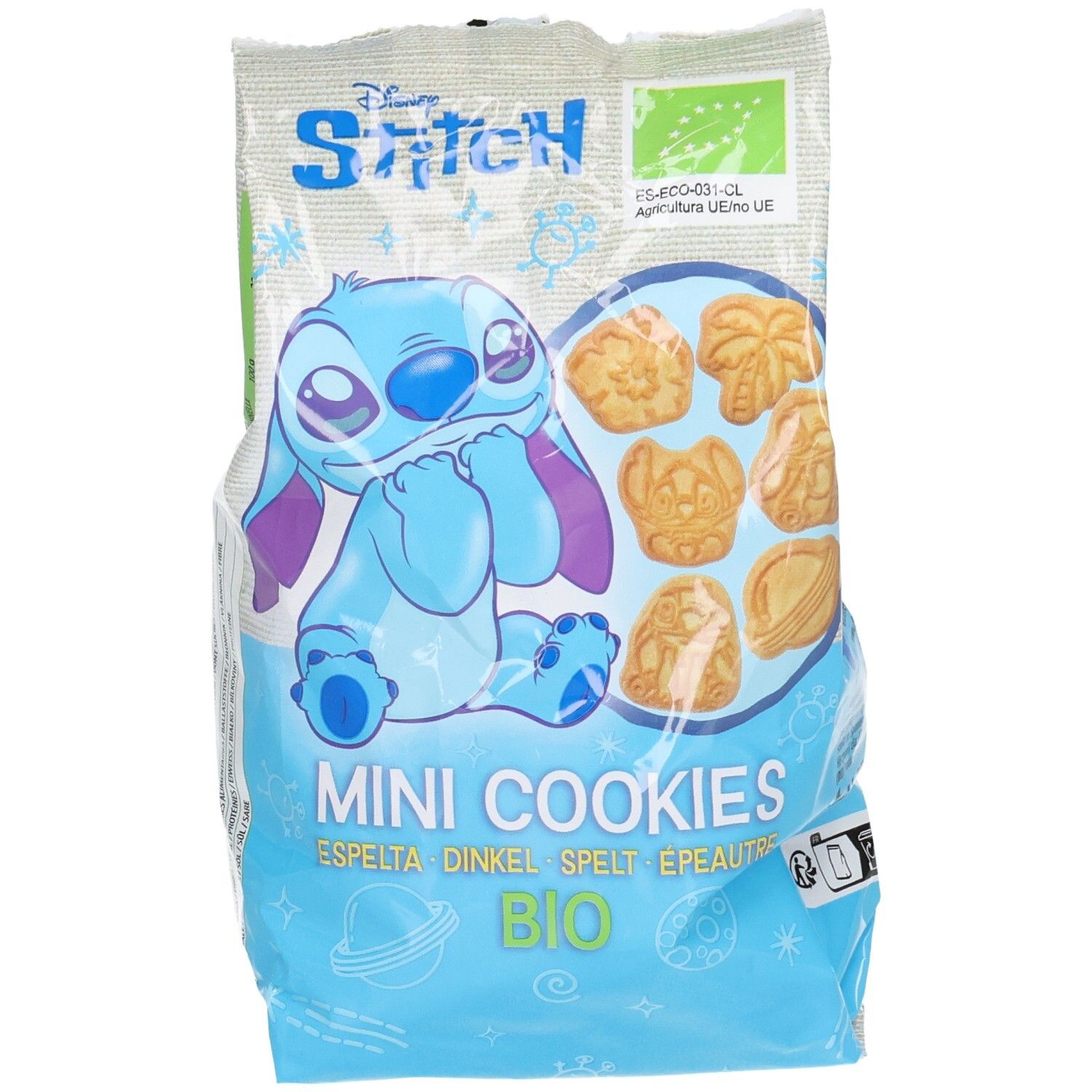 Verpackung mit Stitch-Motiv, Mini-Kekse, Dinkel, Bio-Siegel.