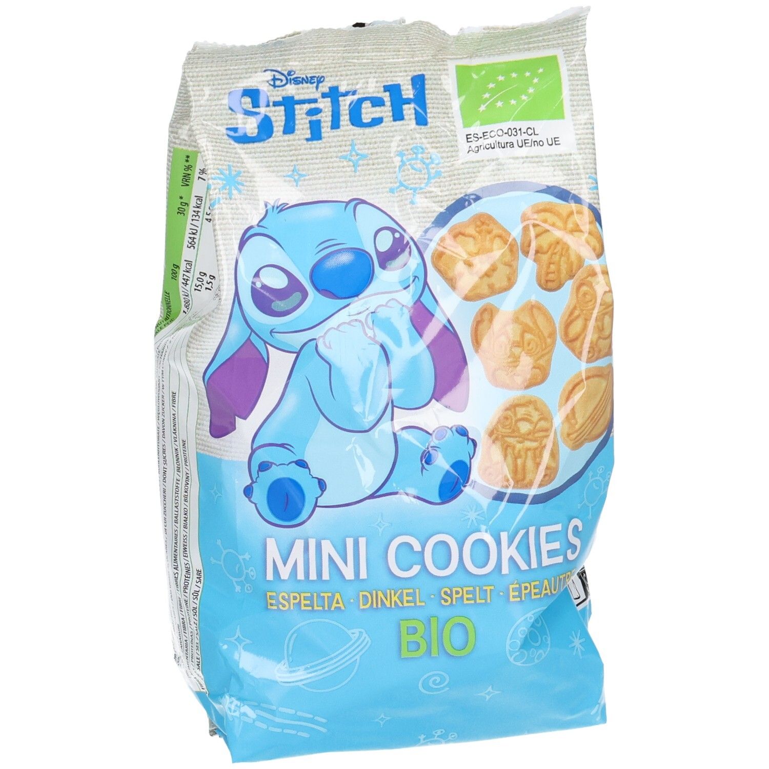 Verpackung mit Stitch, Mini-Kekse, Dinkel, Bio-Siegel, Nährwertangaben.
