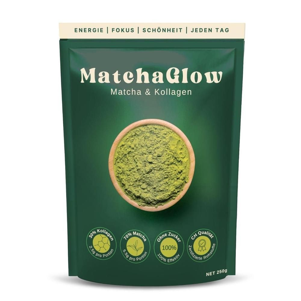 MatchaGlow Matcha & Kollagen Pulver Beutel. Enthält 100% zeremonielles Matcha und 70% Kollagen.