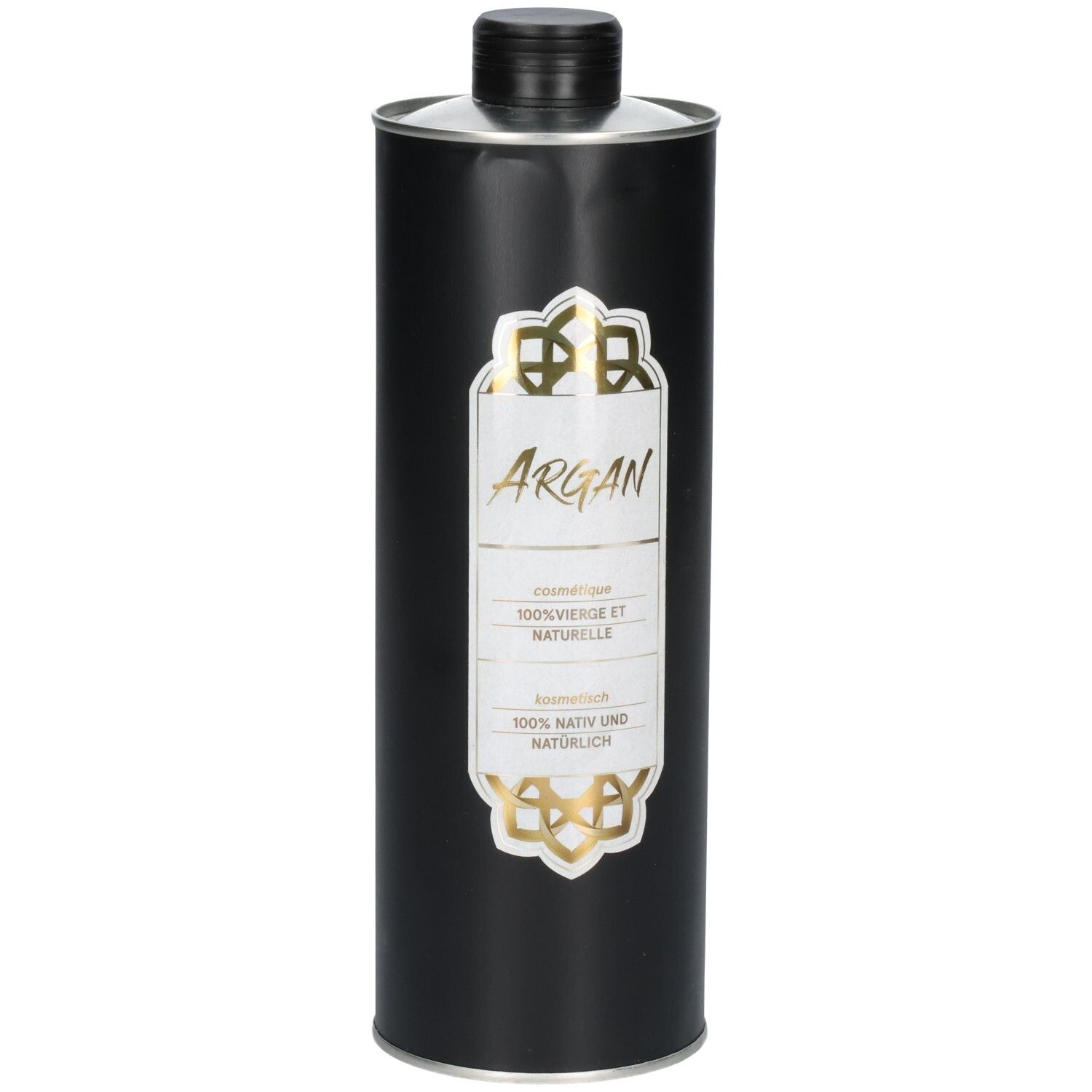 Schwarze Flasche mit Arganöl-Etikett. Kosmetisch, 100% nativ und natürlich.
