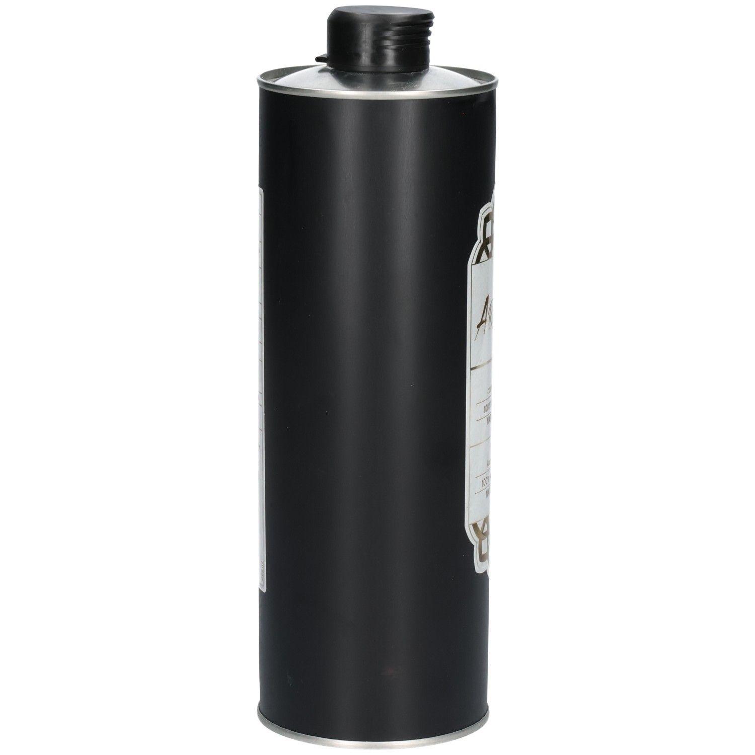 Schwarze Flasche mit Arganöl-Etikett, Seitenansicht. Kosmetisch, 100% nativ und natürlich.