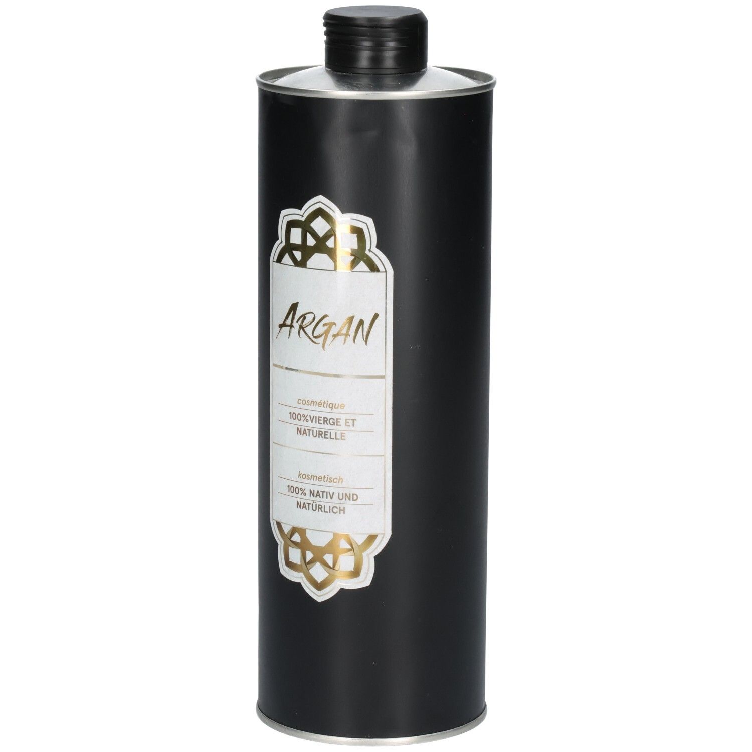 Schwarze Flasche mit Arganöl-Etikett. Kosmetisch, 100% nativ und natürlich.