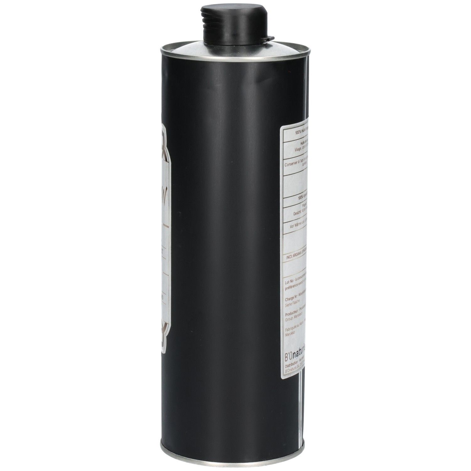 Schwarze Flasche mit Arganöl-Etikett, Seitenansicht. Kosmetisch, 100% nativ und natürlich.