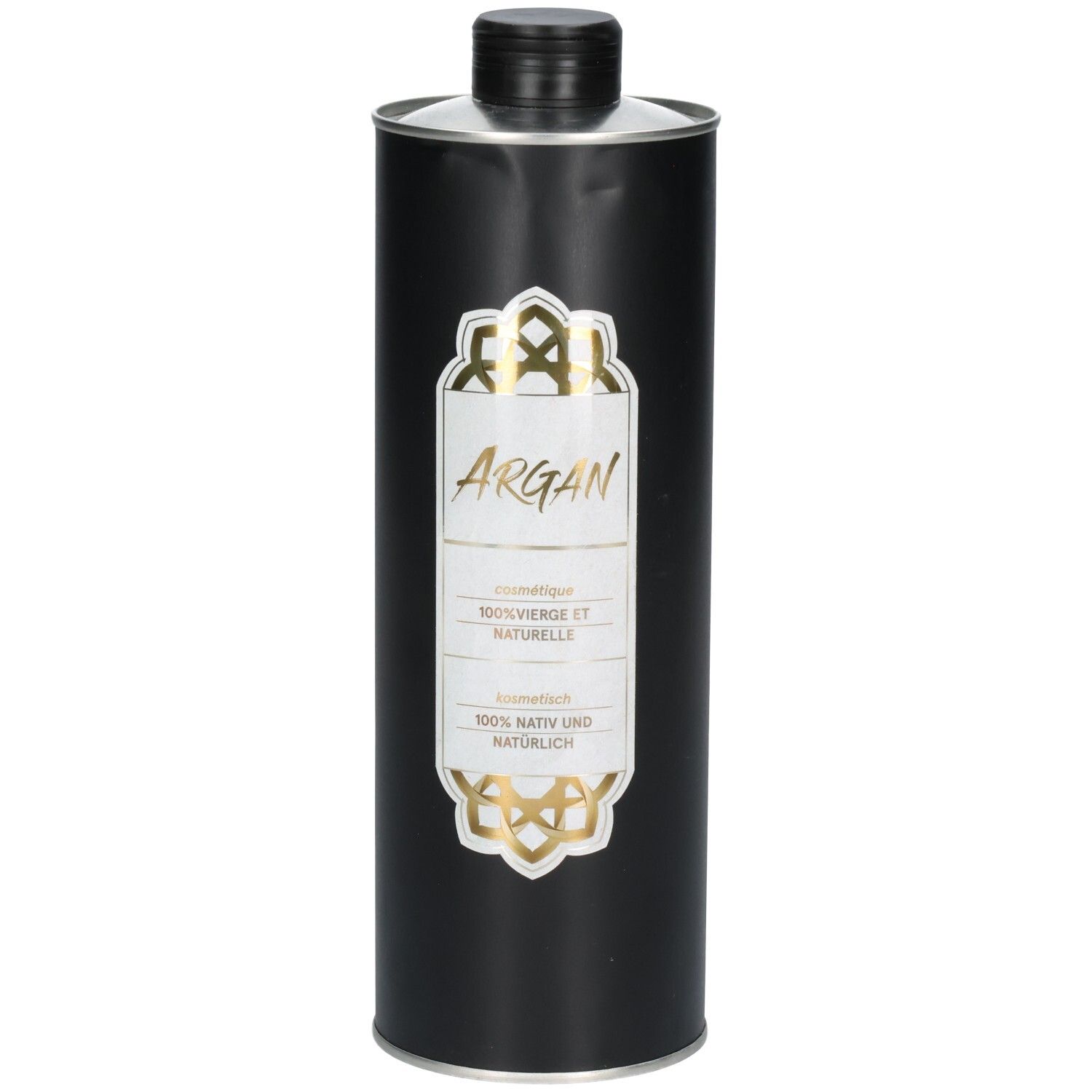 Schwarze Flasche mit Arganöl-Etikett. Kosmetisch, 100% nativ und natürlich.