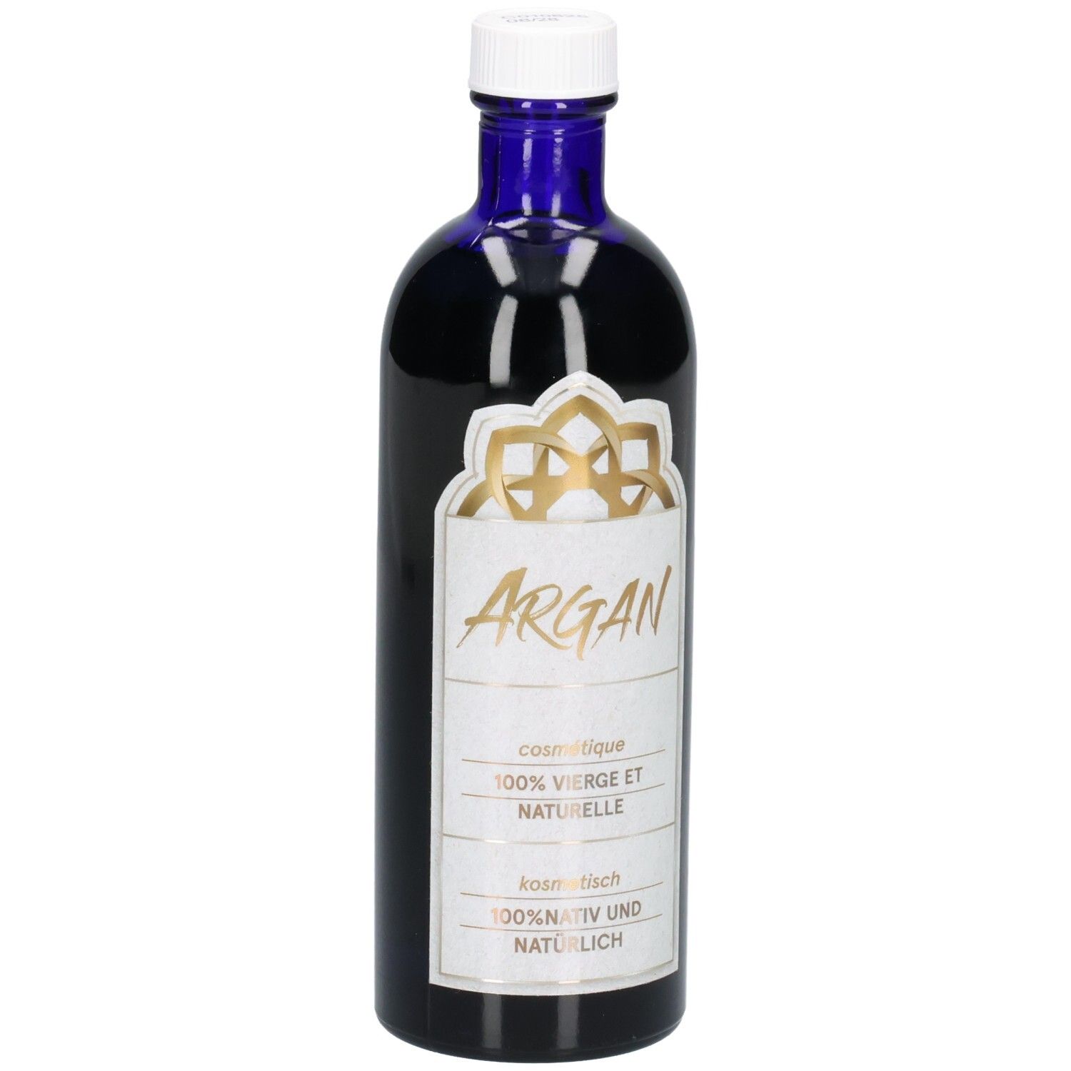 Dunkelblaue Glasflasche mit weißem Verschluss. Etikett mit goldener Verzierung und Schriftzug 'ARGAN'.