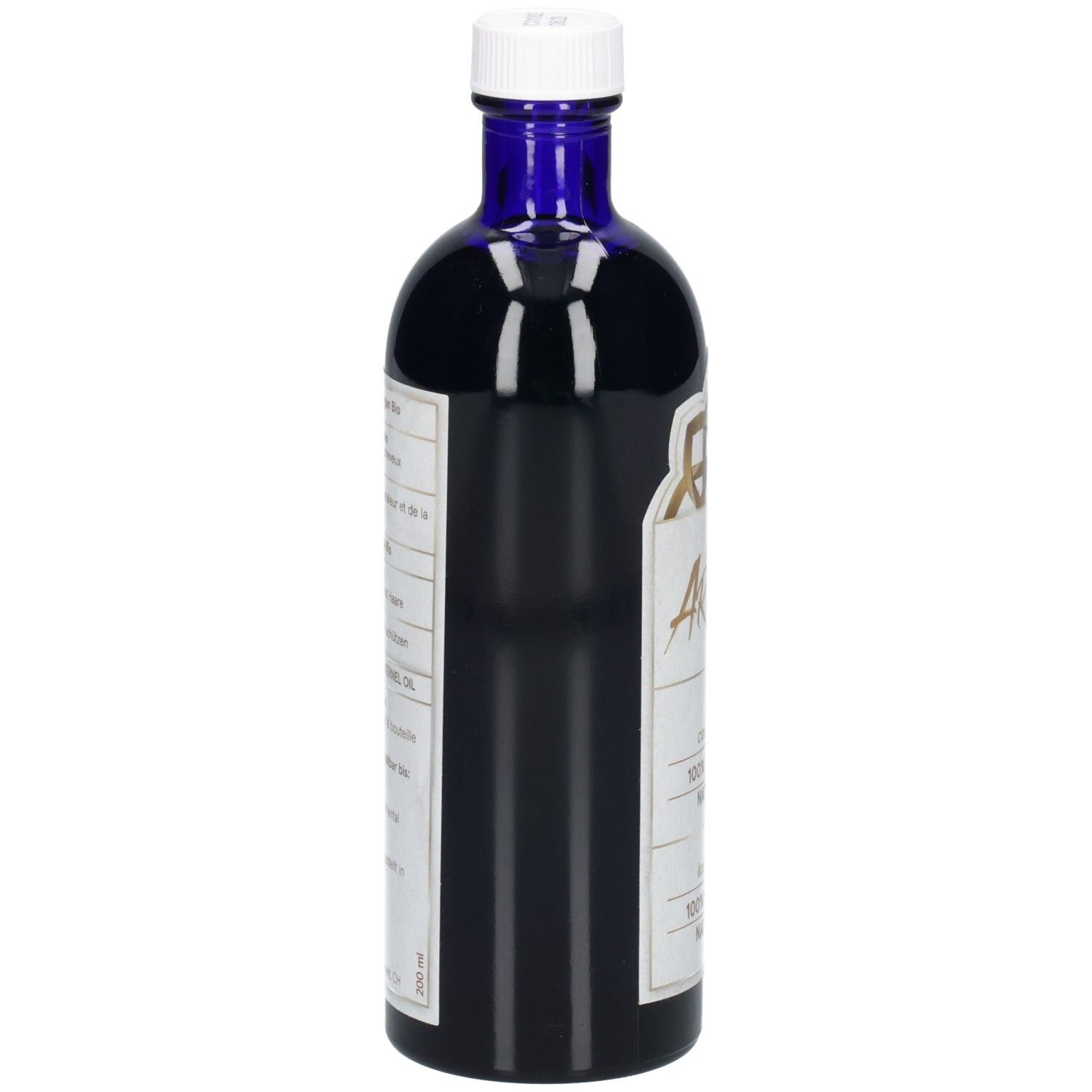 Rückseite einer dunkelblauen Glasflasche mit weißem Verschluss. Etikett mit Produktinformationen.