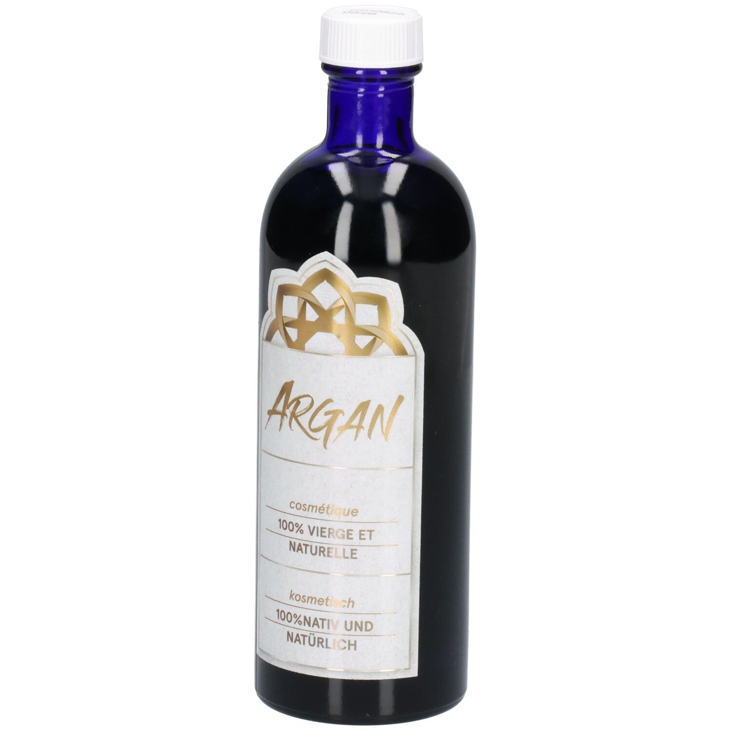 Dunkelblaue Glasflasche mit weißem Verschluss. Etikett mit goldener Verzierung und Schriftzug 'ARGAN'.
