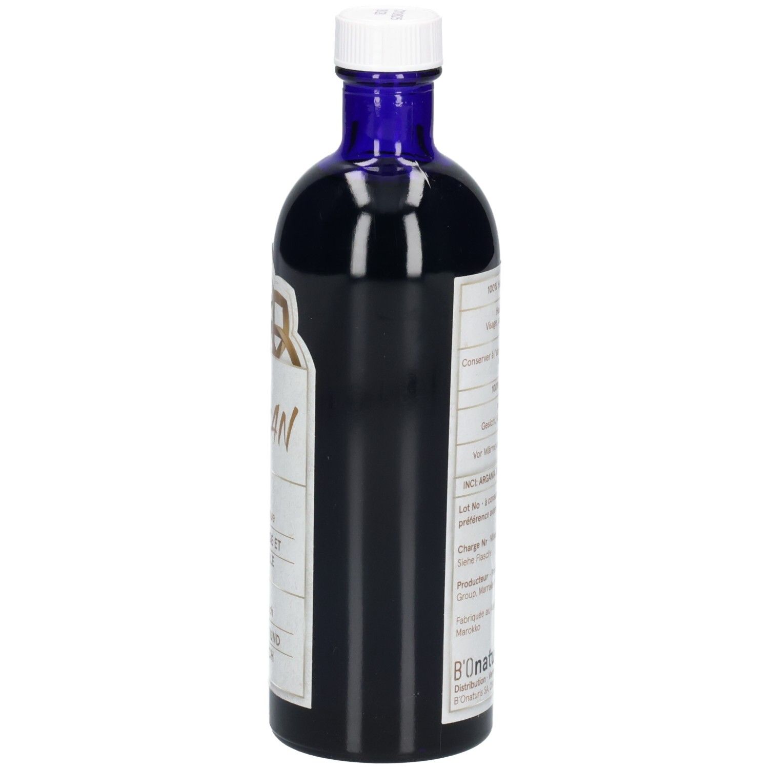 Rückseite einer dunkelblauen Glasflasche mit weißem Verschluss. Etikett mit Produktinformationen.