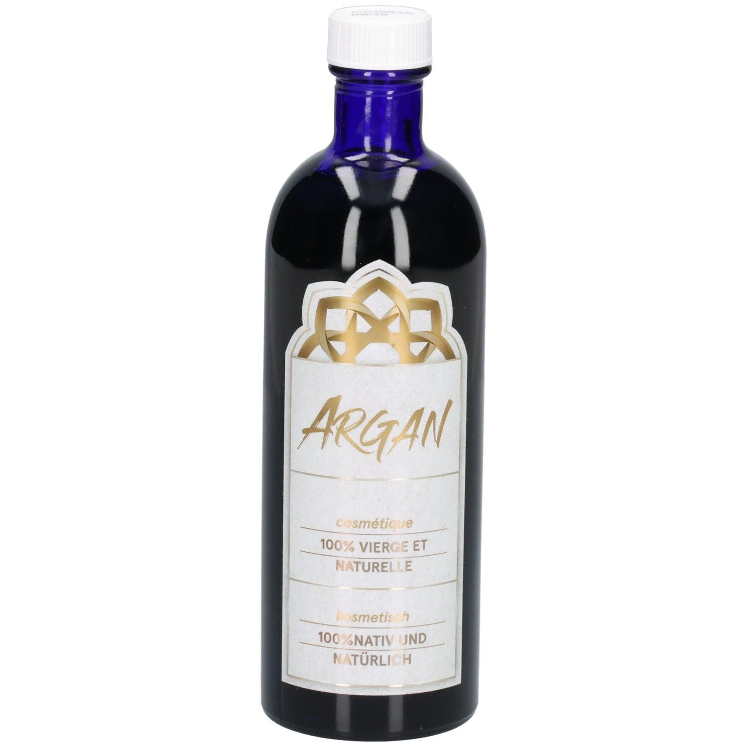 Dunkelblaue Glasflasche mit weißem Verschluss. Etikett mit goldener Verzierung und Schriftzug 'ARGAN'.