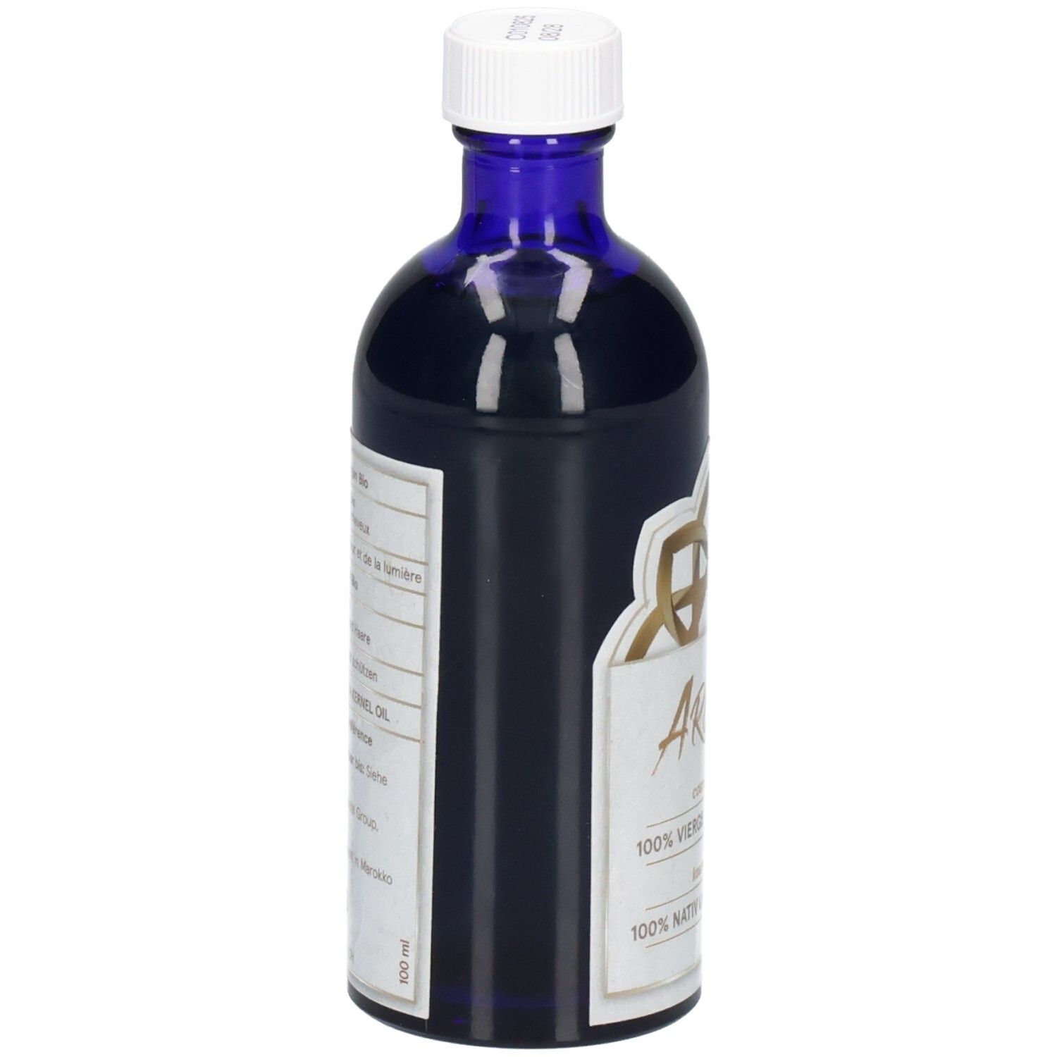 Rückseite einer dunkelblauen Glasflasche mit Etikett, das Inhaltsstoffe und Anwendungshinweise auflistet.