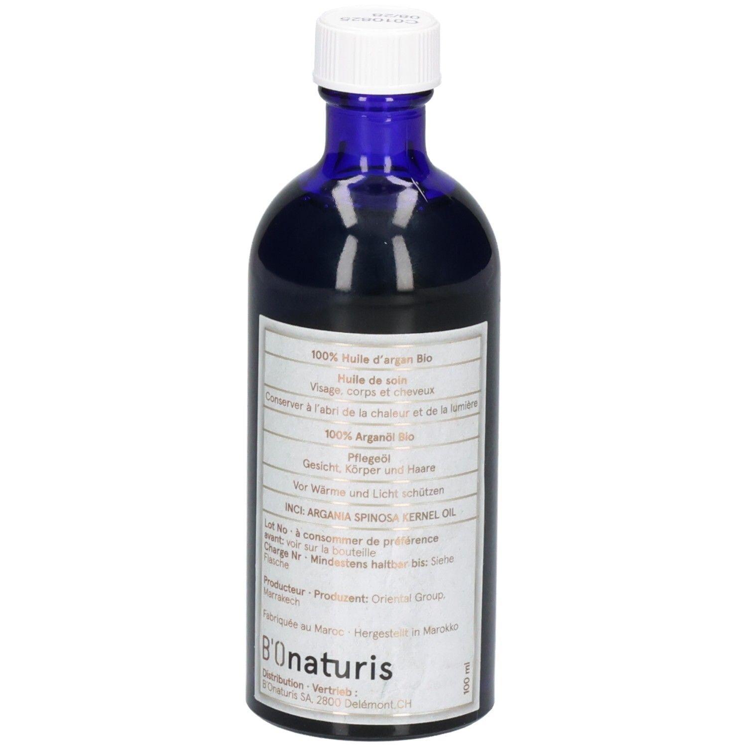 Flasche mit Etikett, das 'B'Onaturis' und '100% Huile d'argan Bio' zeigt. Hergestellt in Marokko.