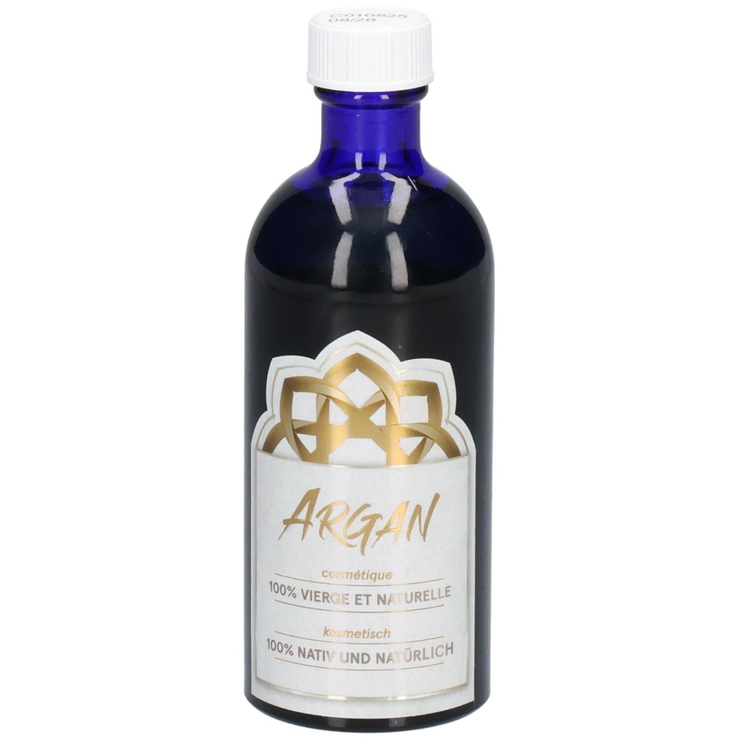 Dunkelblaue Glasflasche mit weißem Verschluss. Vorderansicht mit Etikett 'Argan, kosmetisch'.