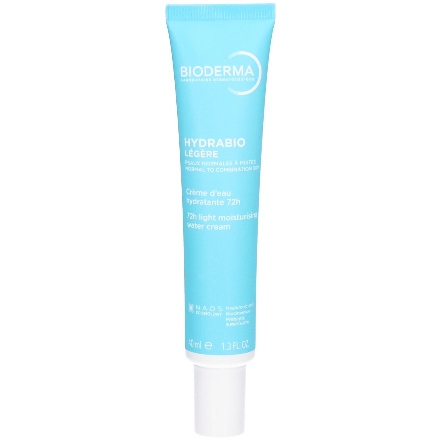 Bioderma Hydrabio Légère Tube mit 40ml, hellblau mit weißem Verschluss.