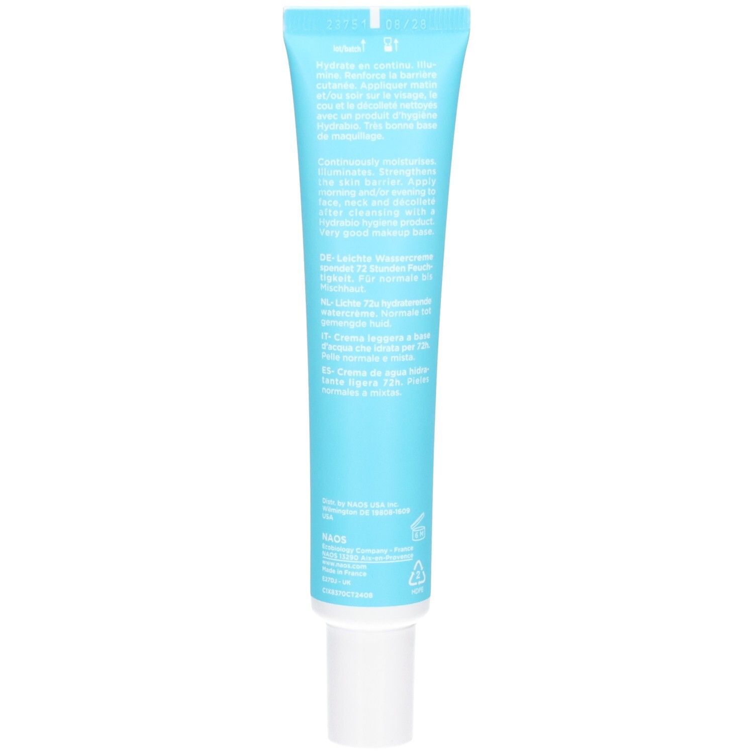 Rückseite des Bioderma Hydrabio Légère Tiegels mit Anwendungshinweisen.