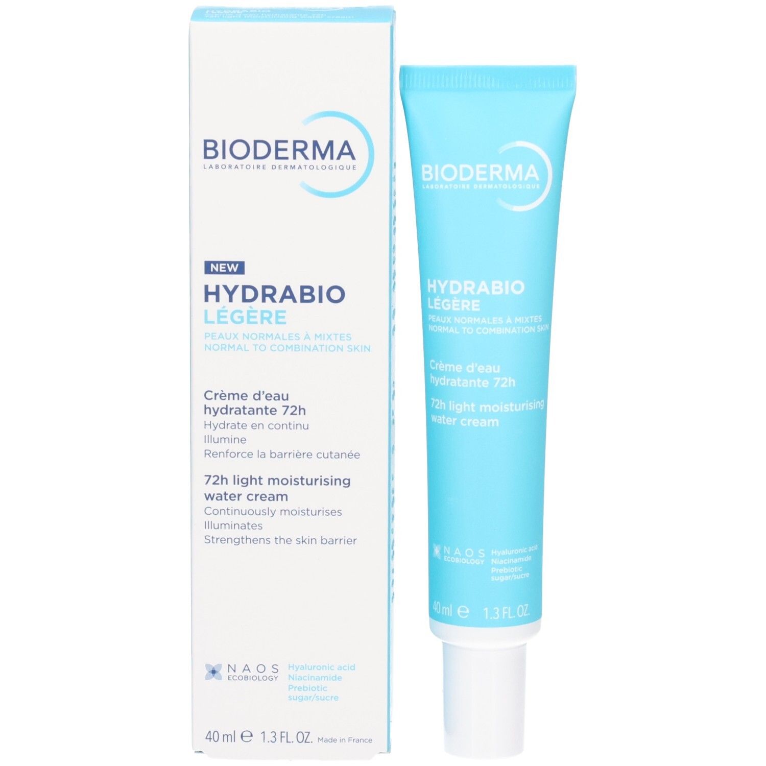 Bioderma Hydrabio Légère Creme mit Verpackung, 40ml Tube und Karton.