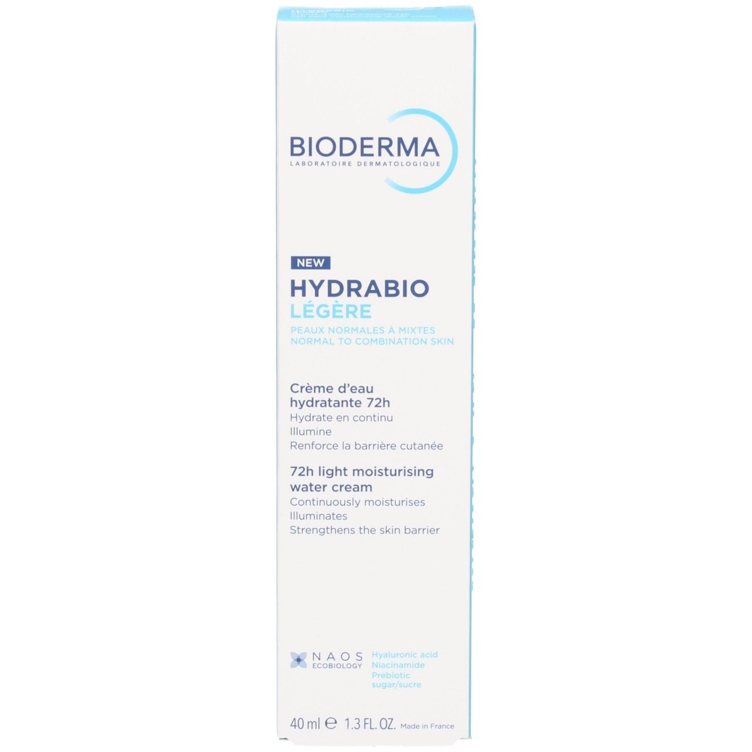 Vorderseite der Bioderma Hydrabio Légère Verpackung mit Produktinformationen.