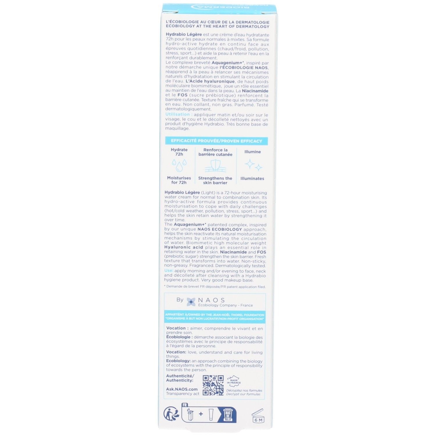 Detailansicht der Bioderma Hydrabio Légère Verpackung mit Inhaltsstoffen.
