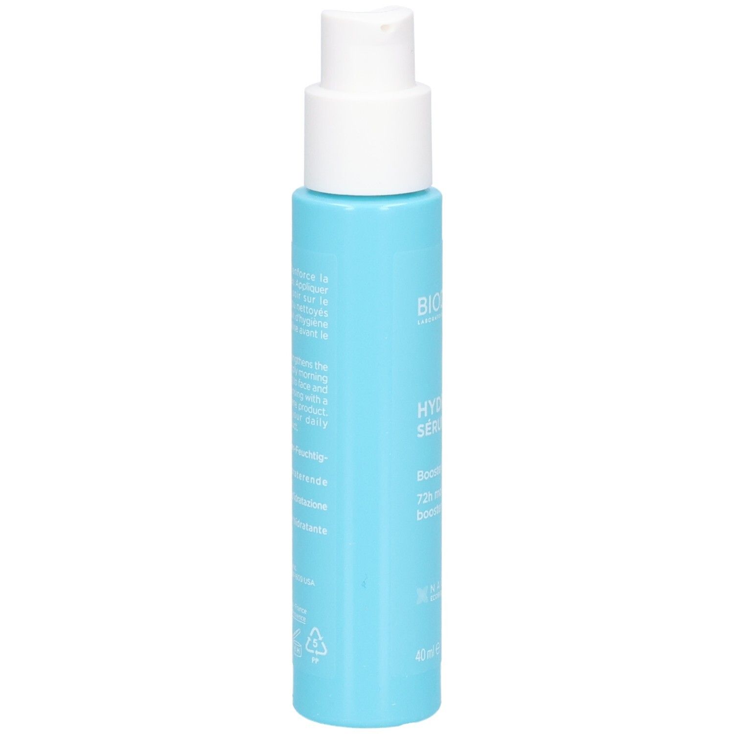 Rückseite der Bioderma Hydrabio Serum Flasche mit Anwendungshinweisen.