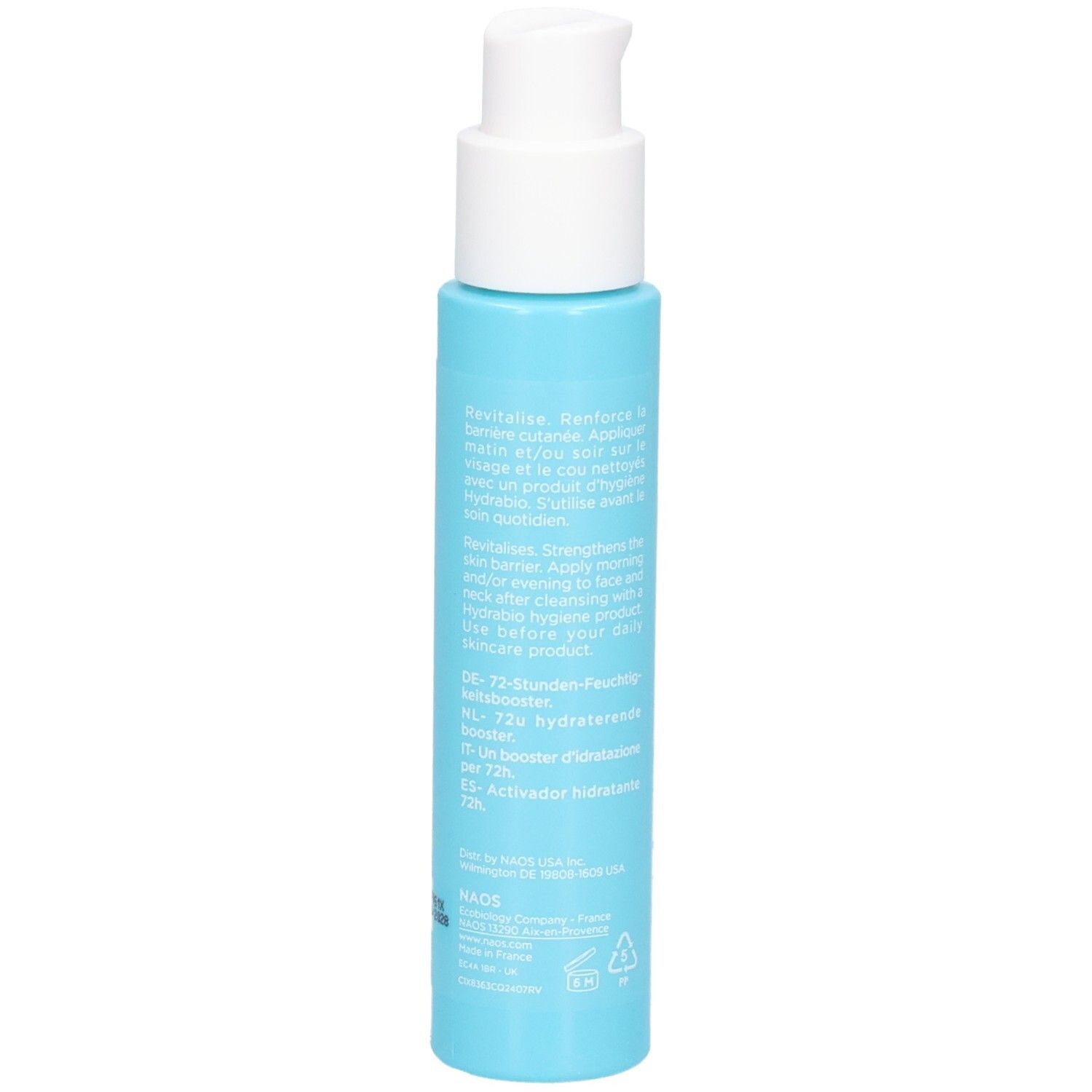 Seitenansicht der Bioderma Hydrabio Serum Flasche mit Text.