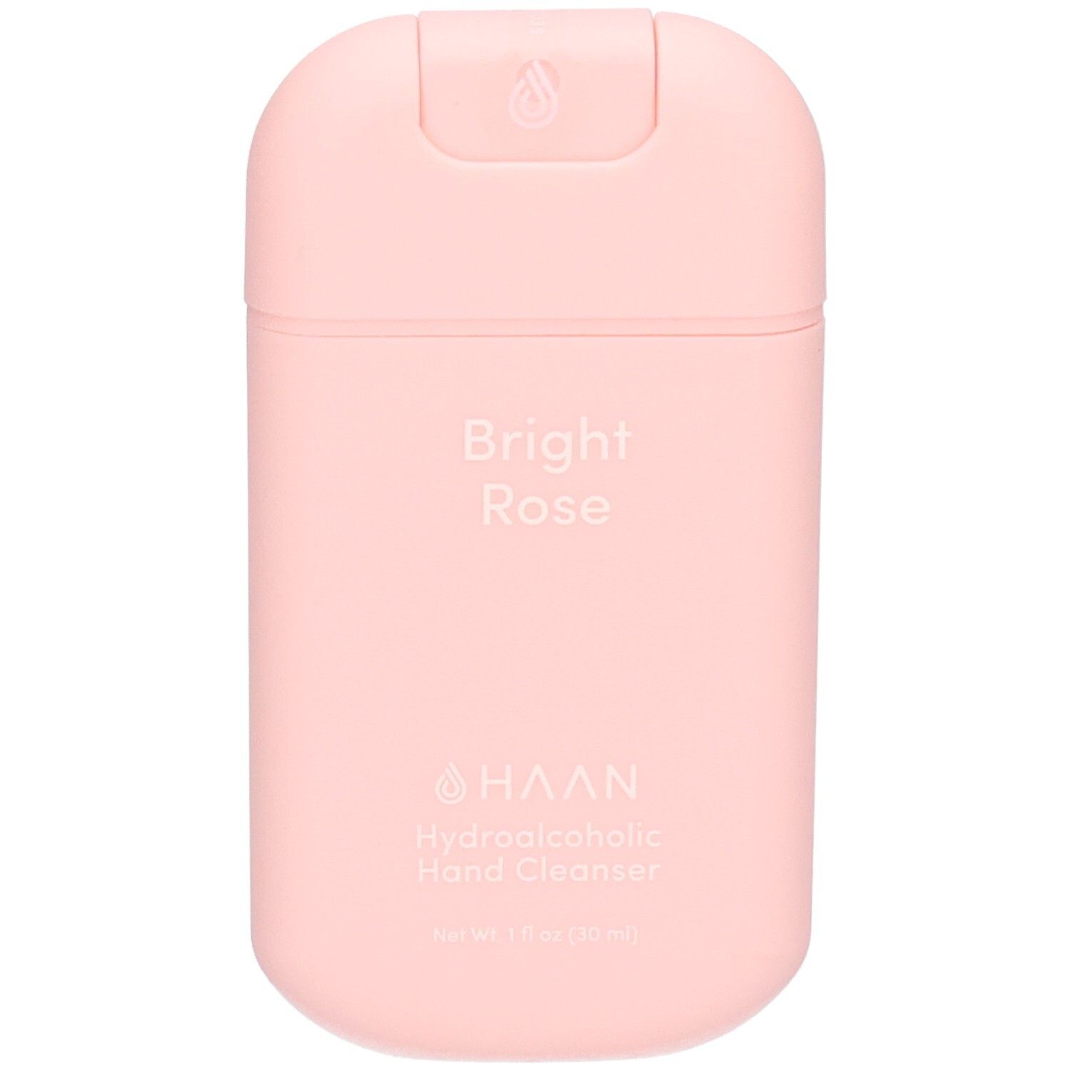 Flacon rose clair avec bouchon à rabat. Inscriptions : Bright Rose, HAAN Hydroalcoholic Hand Cleanser.