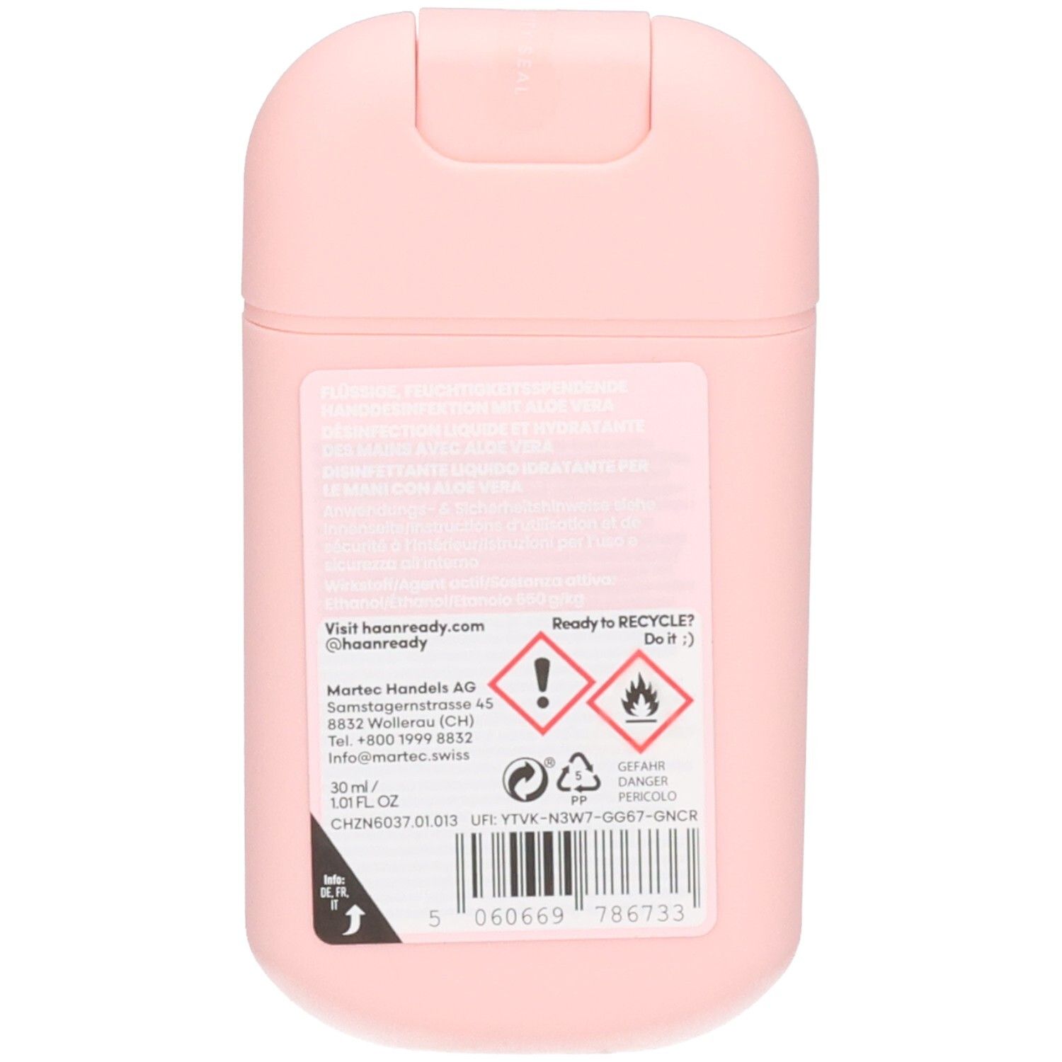 Arrière d'un flacon rose clair avec symboles d'avertissement et indications de recyclage. Inscription : 30 ml / 1.01 fl. oz.