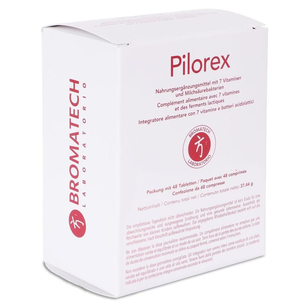 Pilorex Bromatech: Kartonverpackung mit 48 Tabletten, Nahrungsergänzungsmittel mit Vitaminen und Milchsäurebakterien.